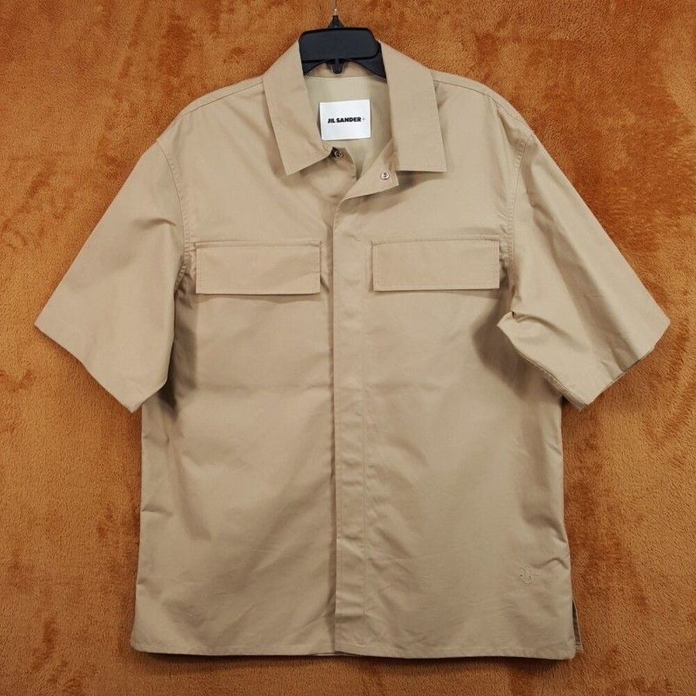 JIL SANDER Shirt Mens Size 46 Tan Snap Button Up Cotton Logo $1250